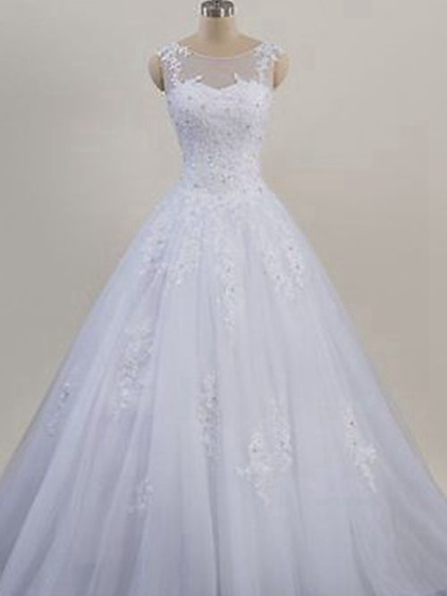 Princess Sheer Sweep Train Organza Bridal Gown Applique