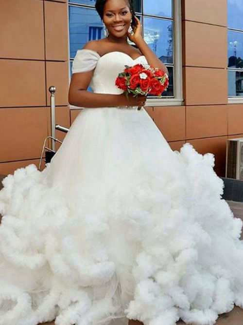 A-line Off Shoulder Sweep Train Organza Wedding Dress Ruffles