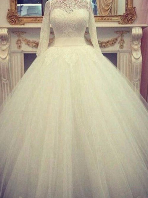 Ball Gown Jewel Floor Length Tulle Lace Bridal Wear