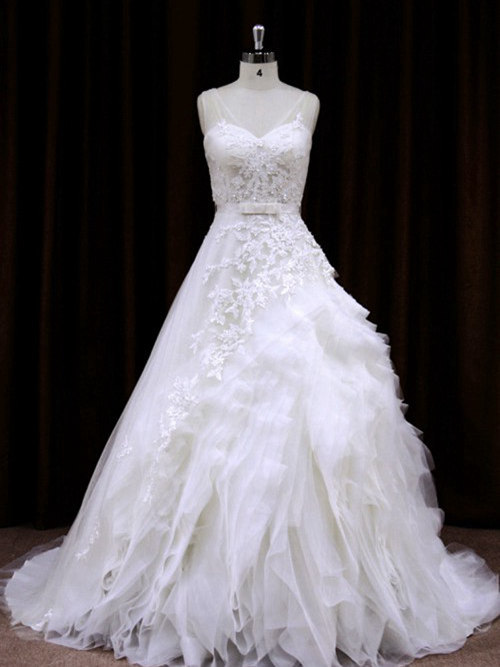 A-line V Neck Brush Train Organza Wedding Gown Applique