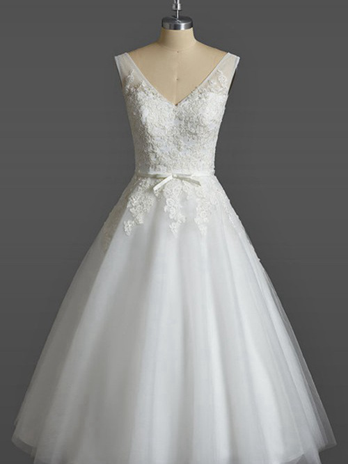 A-line V Neck Ankle Length Organza Wedding Dress Applique
