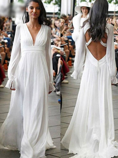 A-line V Neck Sweep Train Chiffon Long Sleeves Bridal Gown