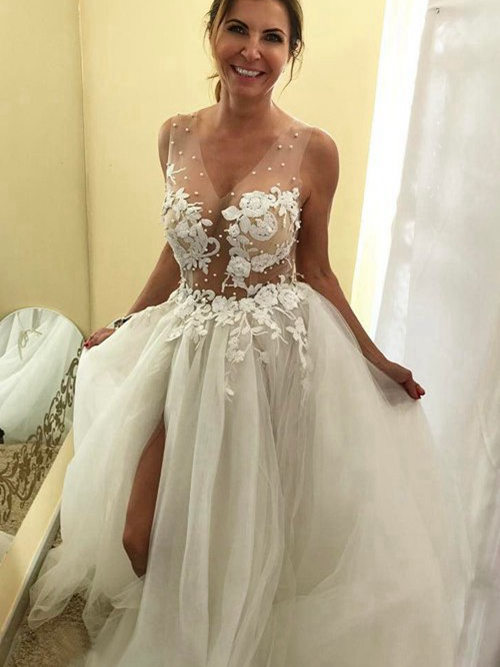 A-line V Neck Sweep Train Tulle Wedding Dress Applique
