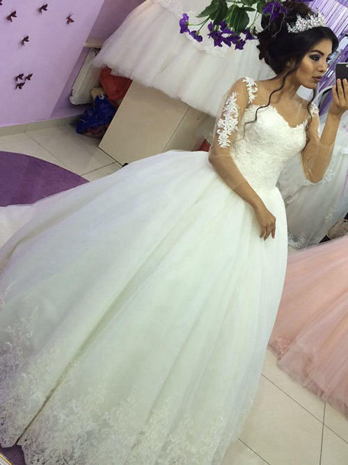 Ball Gown V Neck Sweep Train Organza Bridal Wear Lace
