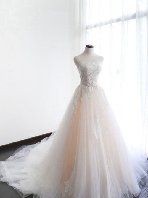 A-line Strapless Court Train Organza Bridal Dress