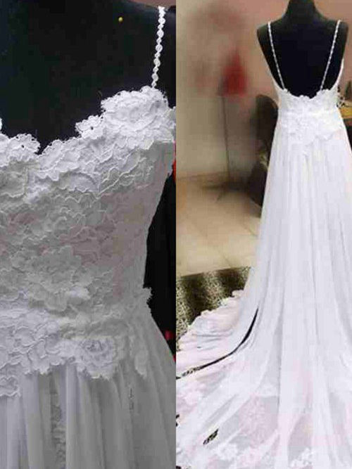 A-line Spaghetti Straps Court Train Lace Wedding Dress