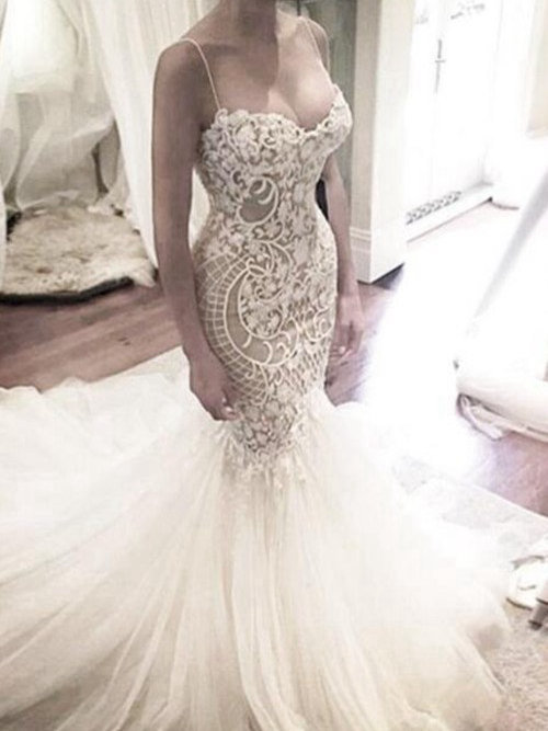 Mermaid Spaghetti Straps Court Train Tulle Wedding Dress