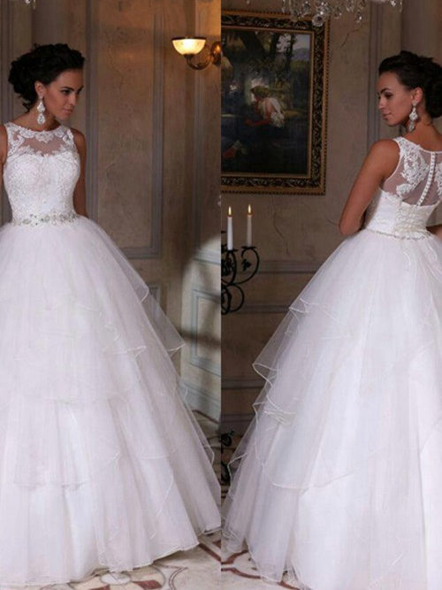 Princess Sheer Floor Length Organza Lace Bridal Gown