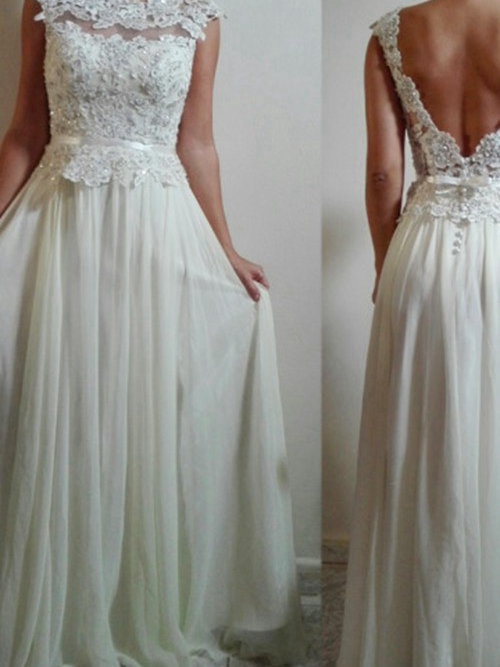 A-line Scoop Floor Length Chiffon Lace Bridal Dress