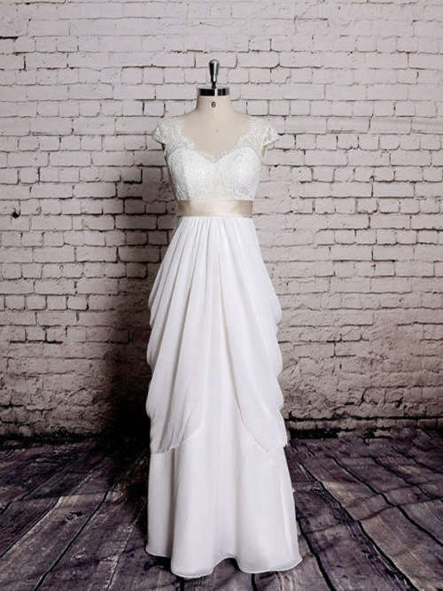 A-line V Neck Floor Length Chiffon Lace Wedding Dress
