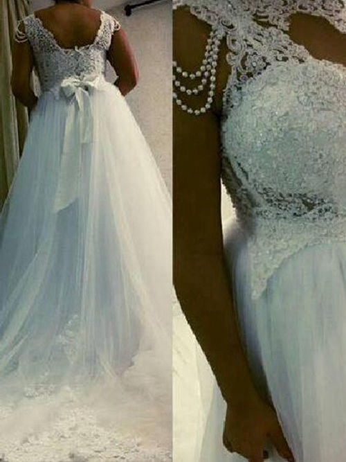 A-line Scoop Court Train Tulle Lace Wedding Dress