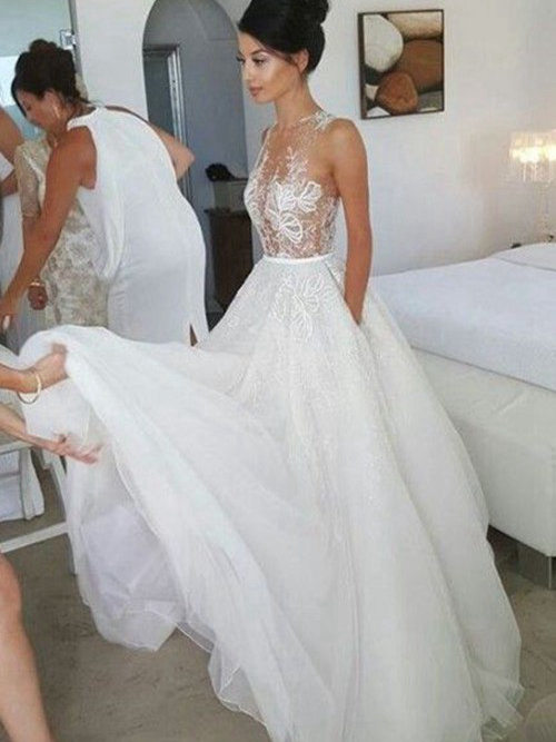 A-line Sheer Floor Length Organza Bridal Dress