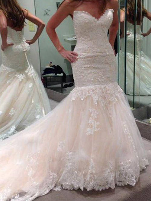 Mermaid Sweetheart Court Train Tulle Lace Wedding Dress