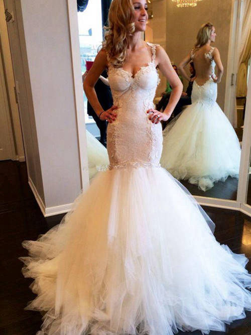 Mermaid Straps Brush Train Lace Tulle Bridal Gown