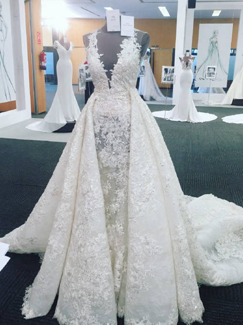 A-line V Neck Court Train Lace Wedding Gown