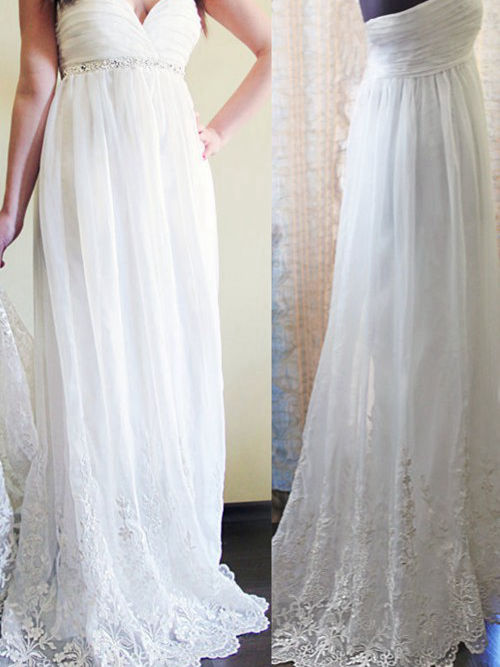 Column Sweetheart Floor Length Lace Chiffon Wedding Dress