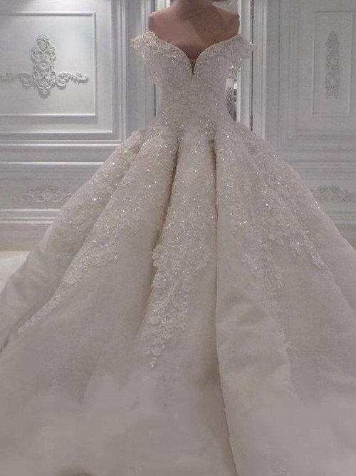 Princess Off Shoulder Court Train Lace Organza Bridal Dress