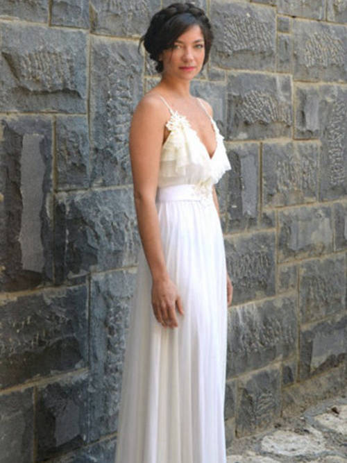 A-line V Neck Floor Length Chiffon Bridal Gown