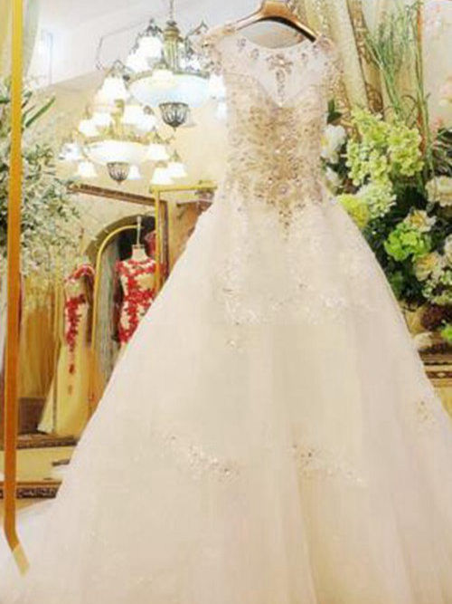 A-line Scoop Court Train Organza Wedding Gown Applique