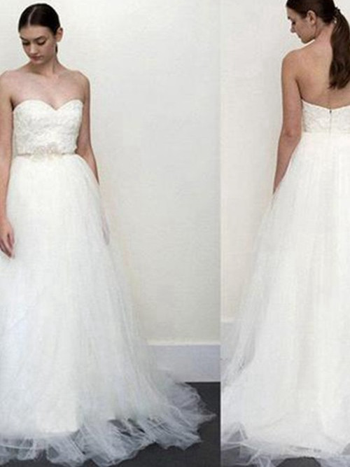 A-line Sweetheart Brush Train Tulle Bridal Gown