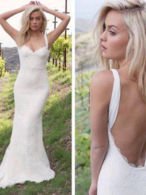 Mermaid Spaghetti Straps Sweep Train Lace Wedding Gown