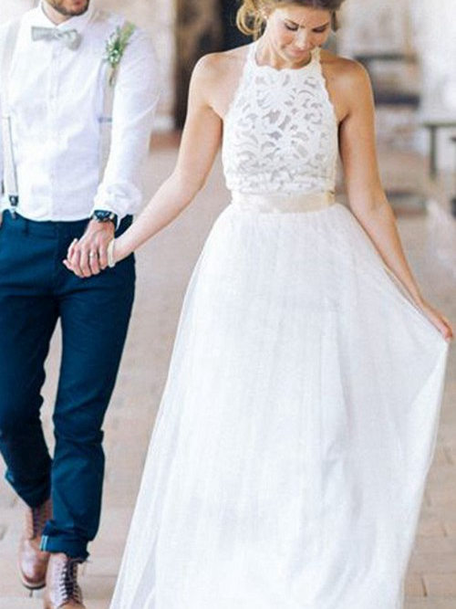 A-line Halter Floor Length Chiffon Bridal Gown