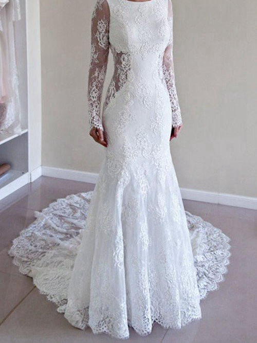 Mermaid Jewel Court Train Lace Bridal Gown