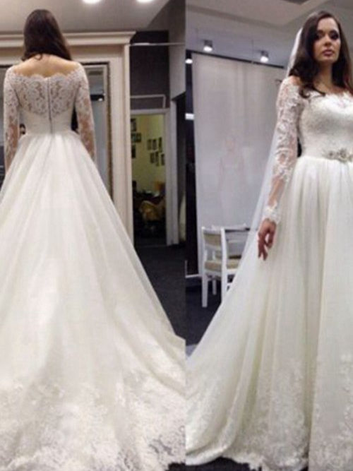 A-line Square Brush Train Organza Lace Wedding Dress