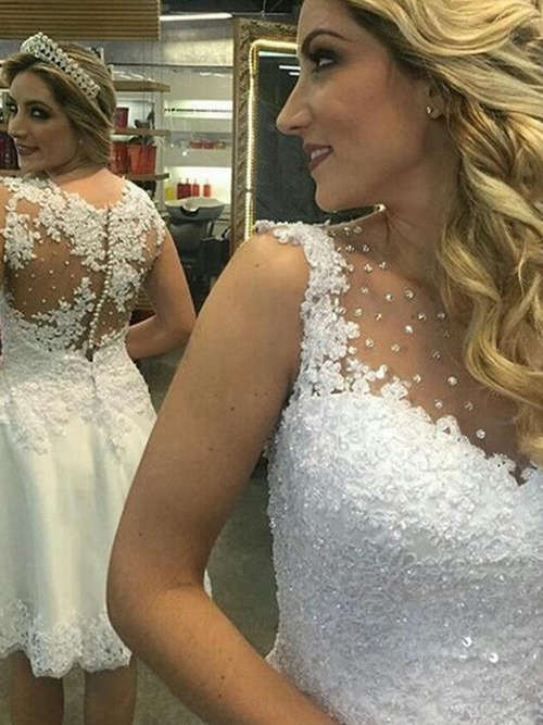 A-line Sheer Knee Length Taffeta Wedding Dress Lace