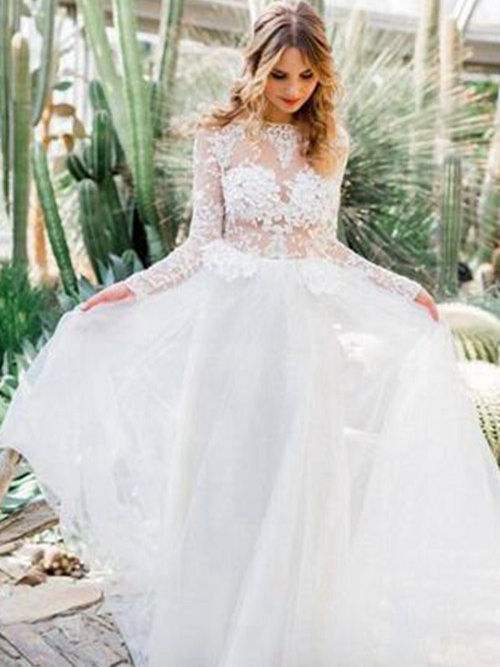 A-line Sheer Floor Length Lace Chiffon Wedding Gown