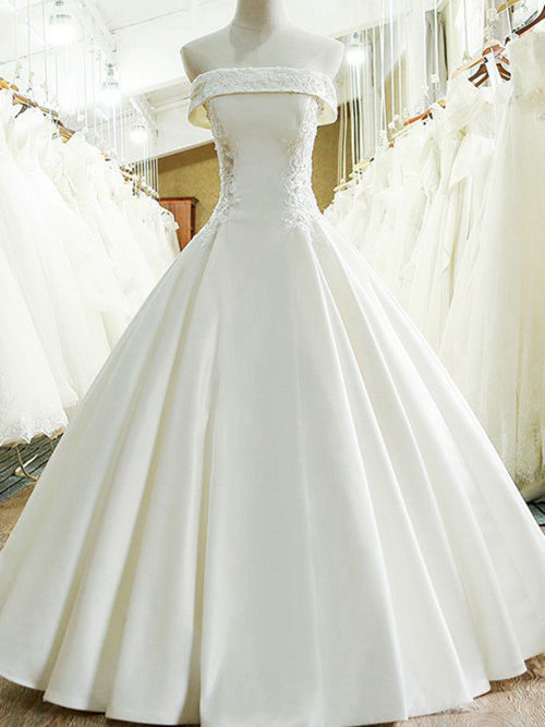 A-line Off Shoulder Floor Length Satin Wedding Dress