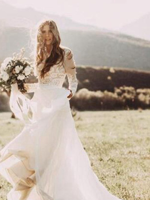 A-line Scoop Court Train Lace Chiffon Wedding Dress