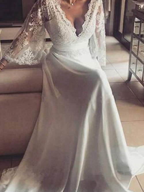 A-line V Neck Sweep Train Lace Chiffon Wedding Gown