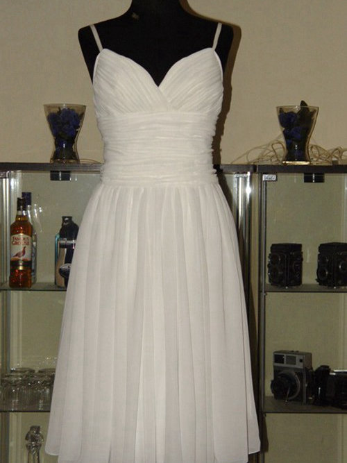 A-line Spaghetti Straps Tea Length Chiffon Bridal Dress