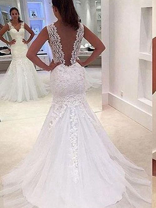 Mermaid V Neck Sweep Train Lace Wedding Dress