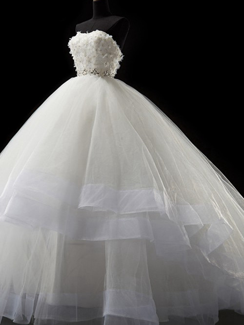 Ball Gown Strapless Court Train Organza Bridal Wear Applique
