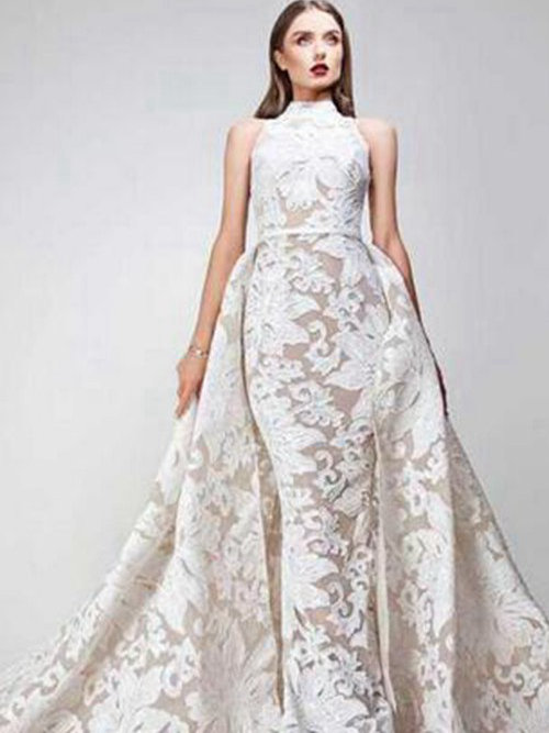 A-line High Neck Court Train Lace Wedding Dress