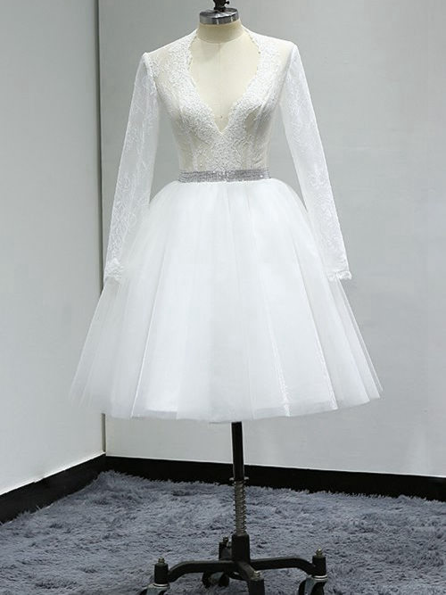 A-line V Neck Knee Length Lace Organza Wedding Dress