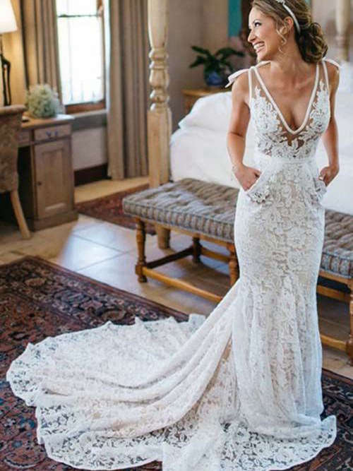 Mermaid V Neck Court Train Lace Wedding Gown