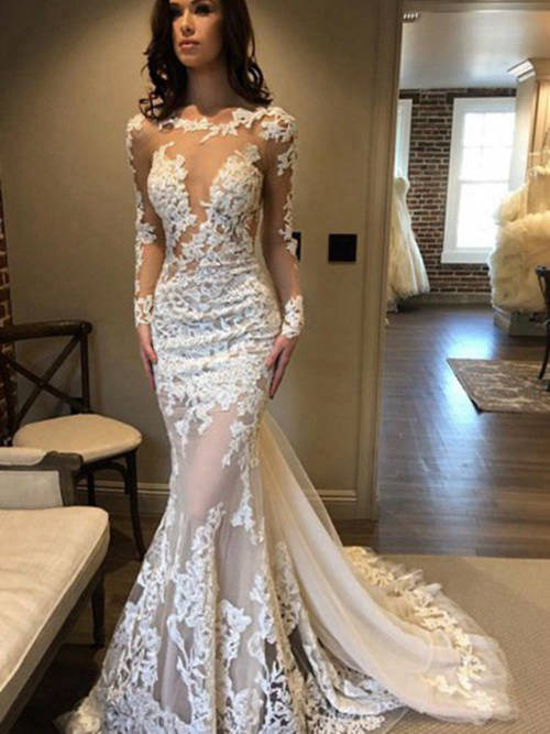 Mermaid Sheer Court Train Lace Wedding Dress Long Sleeves