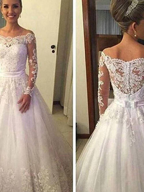 A-line Off Shoulder Sweep Train Lace Wedding Gown