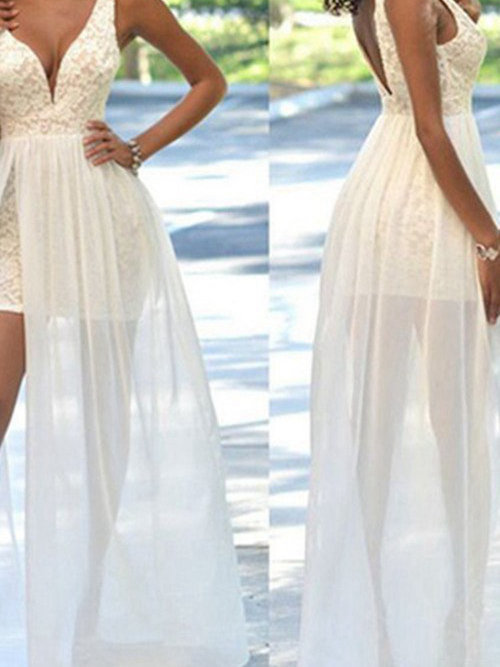 A-line V Neck Floor Length Lace Chiffon Bridal Dress