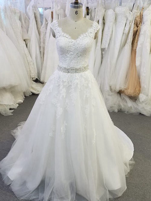 A-line V Neck Brush Train Organza Wedding Dress Lace