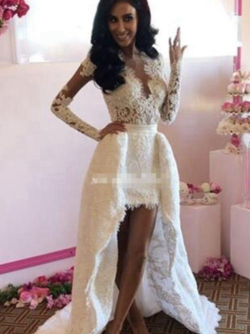 A-line V Neck High Low Lace Bridal Gown