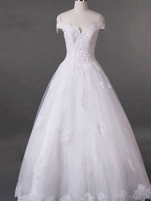 A-line Off Shoulder Floor Length Lace Bridal Dress