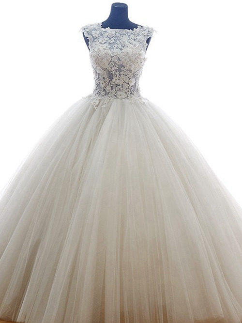 A-line Jewel Court Train Organza Wedding Dress Lace