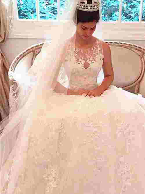 Princess Jewel Sweep Train Lace Wedding Dress