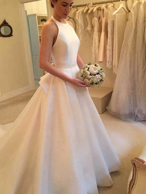 A-line Halter Court Train Satin Wedding Dress