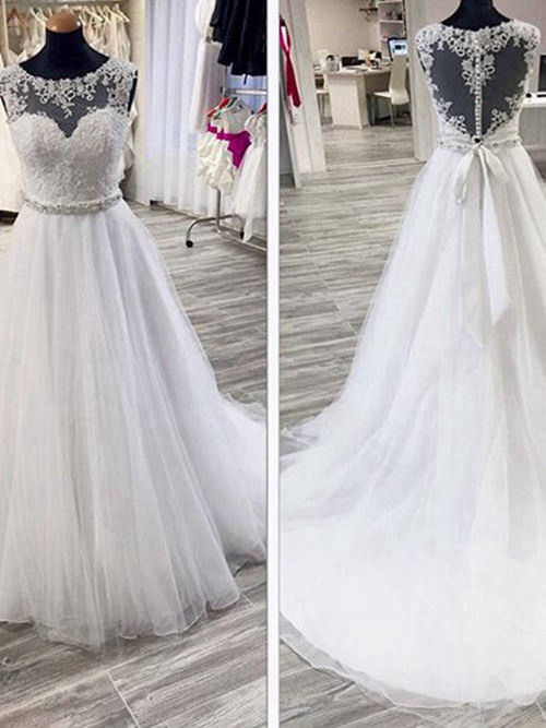 A-line Sheer Sweep Train Lace Organza Wedding Dress