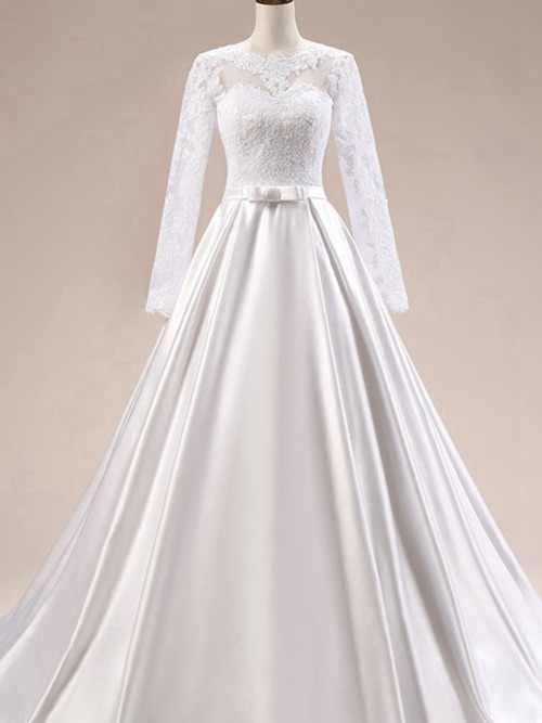 A-line Sheer Brush Train Satin Lace Bridal Dress